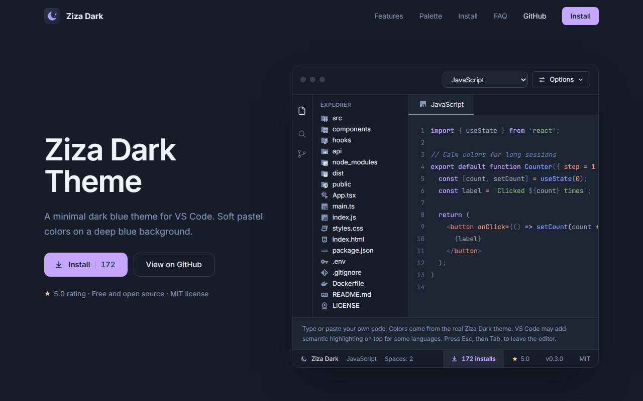 Ziza Dark Theme website screenshot with a live VS Code editor preview