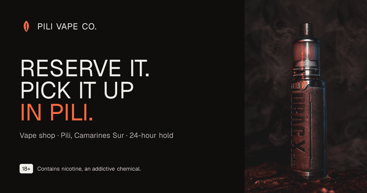 Pili Vape Co. website preview showing the reserve and pickup message